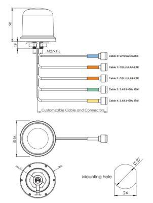 4G LTE / 3G / 2G / WiFi / ISM / GPS / GLONASS / Galileo MIMO Kombo Anten, 5 Kablolu - 7